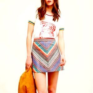 Free People "Yours Truly" Chevron Striped Linen Blend A-line Mini Skirt, Sz. 10